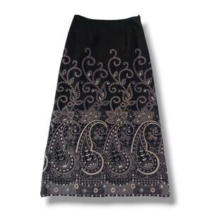 Talbots Wool Blend Maxi Skirt Black Modest Career Embroidered No Slit Size 10